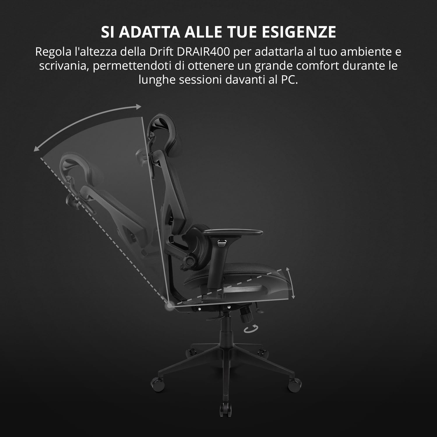 DRIFT GAMING DRAIR400 - Sedia da gioco professionale, rete di alta qualità e polimeri rinforzati, braccioli imbottiti regolabili 4D, pistone classe 4, girevole, inclinabile, regolabile, nero.