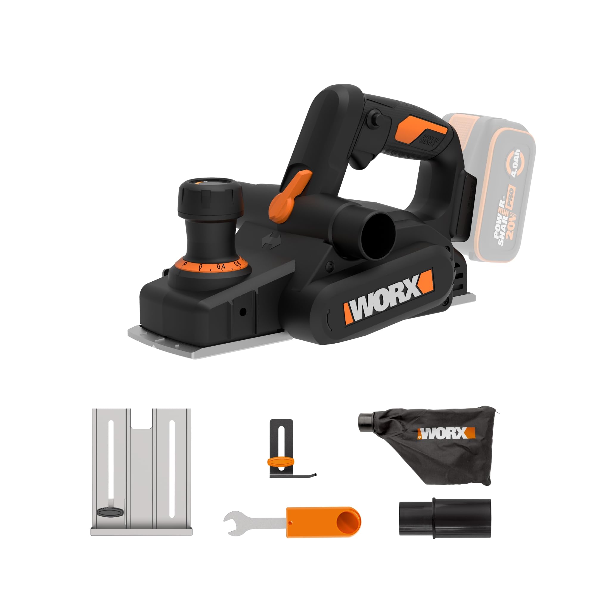 WORX WX620.9 Akku Hobel 20V, 82 mm Hobelbreite, Brushless Motor, 0–2 mm Spanabnahme, Falztiefe 0–8 mm, V-Nut für Fasen, integrierte Spänesack & Parallelanschlag, ohne Akku & Ladegerät