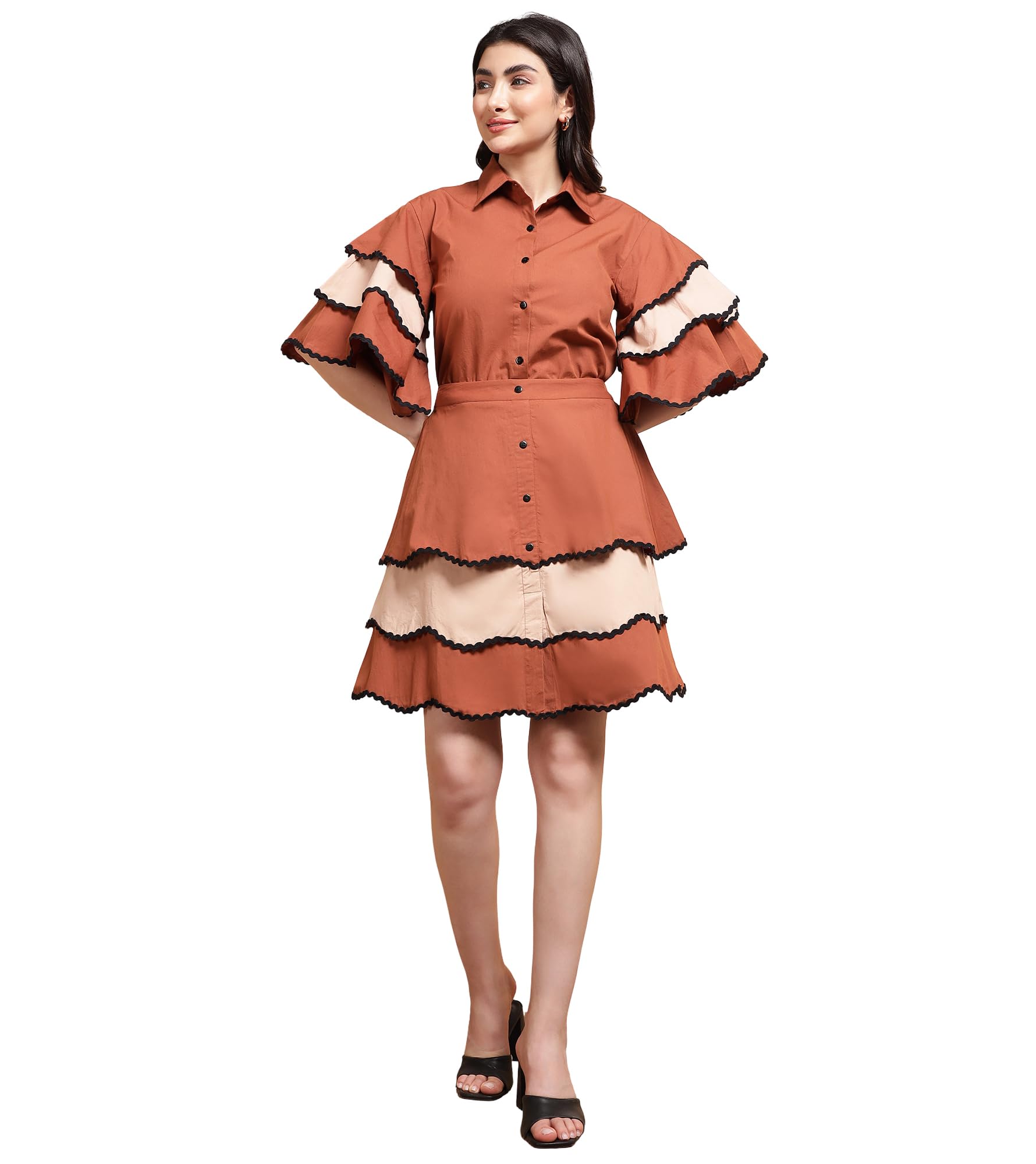 Women's Solid Thigh Length Shirt with Skirt|Shirt Collar|Ruffle Sleeve|Cord Set for Women Cotton|Jumpsuits Western Dress for Women Stylish|Latest Two Piece Co ord Set|Party Casual Wear(Tan)