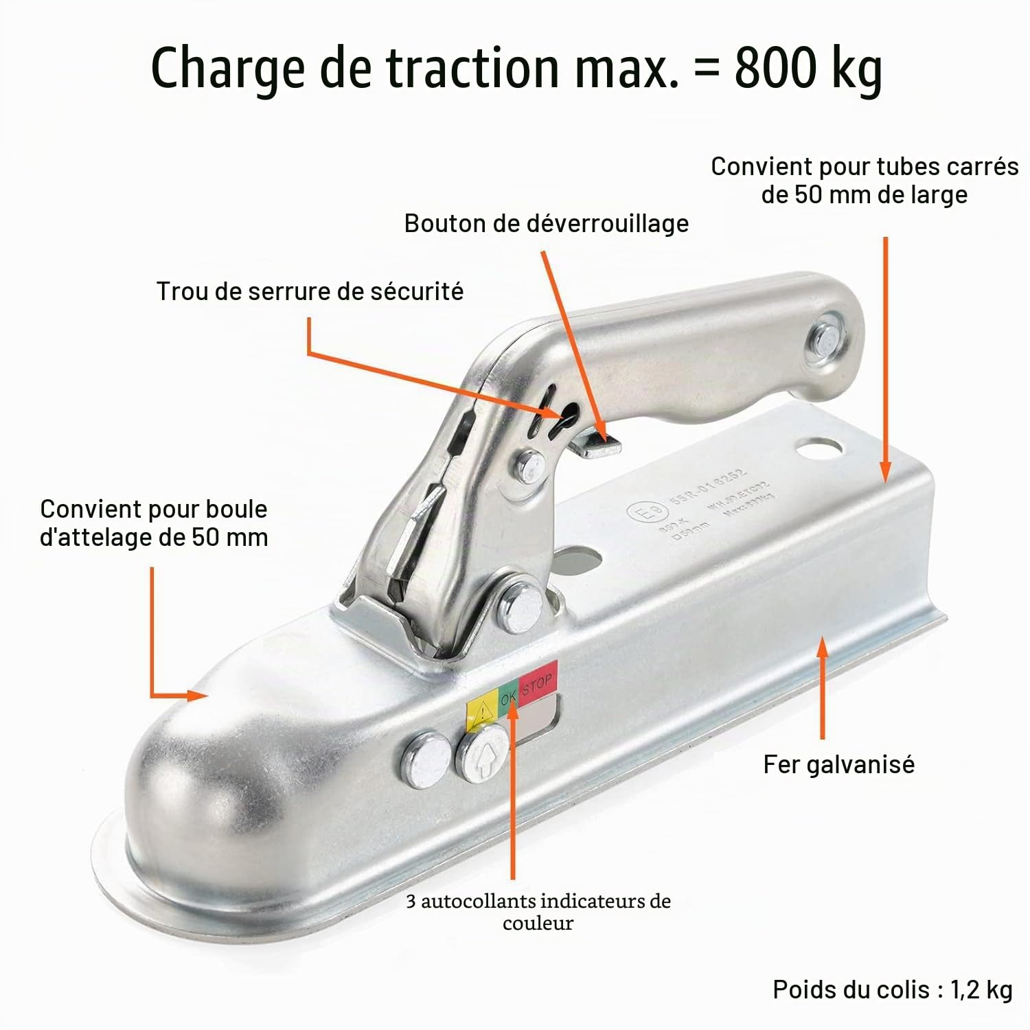 Attelage à boule d'attelage - 50 mm - Boule d'attelage ronde - Charge de traction : 800 kg - Pour voiture