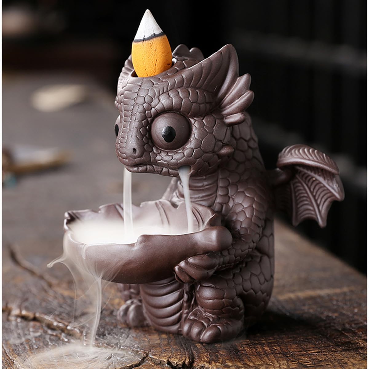 Ceramic Dragon Incense Burner, Cute Dinosaur Backflow Incense Holder with 20 Incense Cones, Tweezers, Mat, Aromatherapy Home Decoration for Spa Yoga Meditation (Brown)