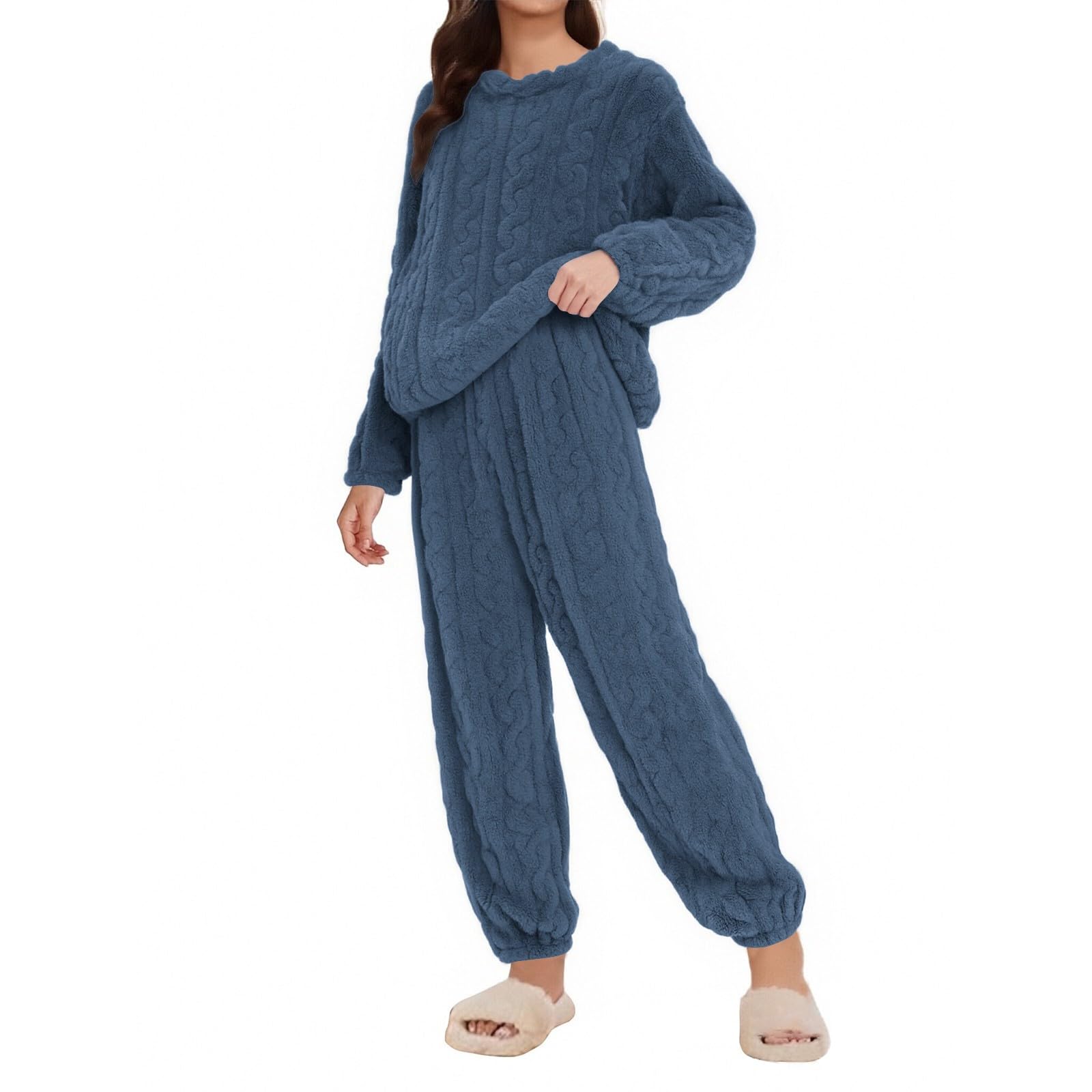 Conjunto de pijama de forro polar para mujer, pijama cálido y esponjoso con bolsillos para invierno, conjunto de pijama de manga larga para mujer, tela cálida de franela, parte superior cómoda para