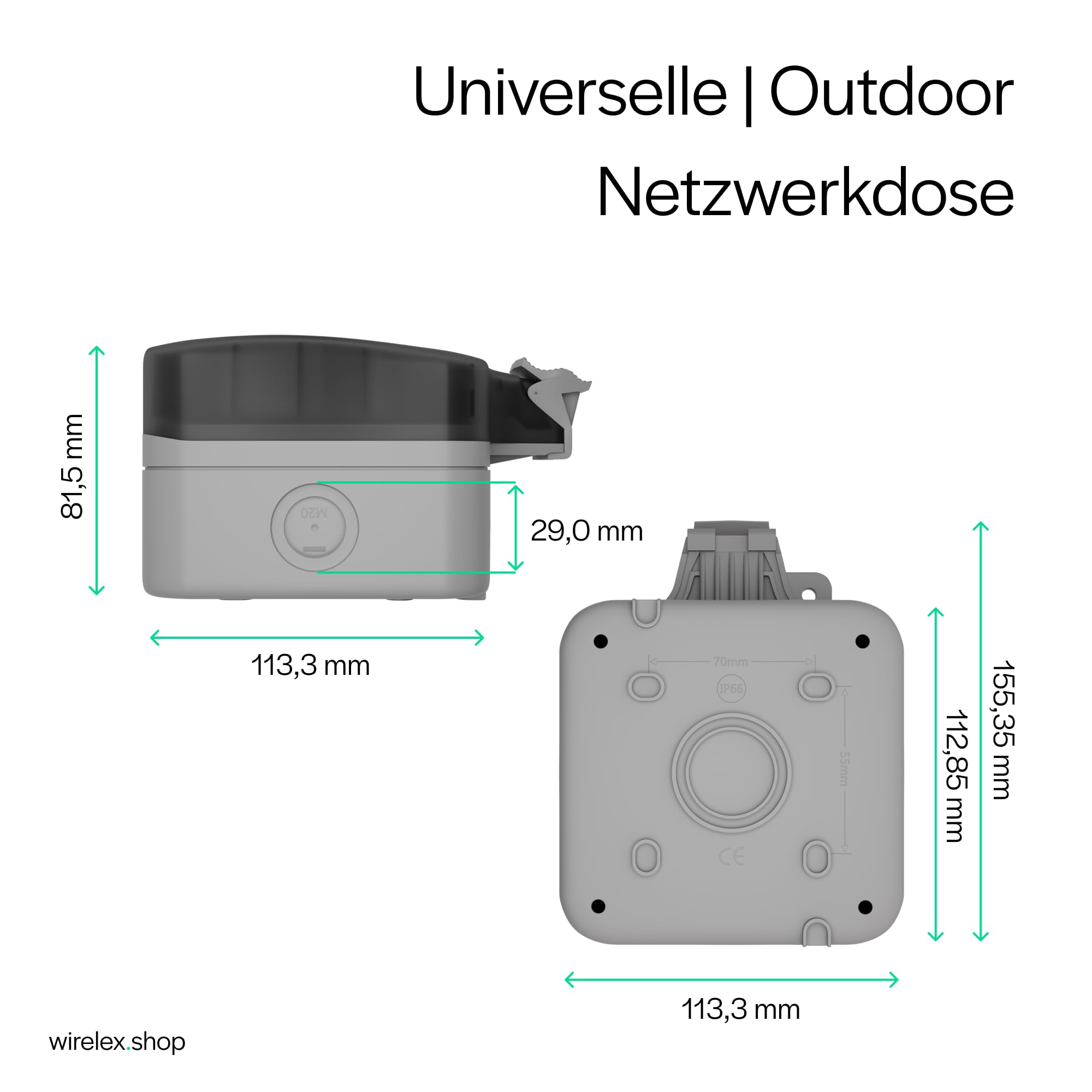Outdoor Netzwerkdose Aufputzgehäuse für Keystones, IP66, wetterfest, ABS-Kunststoff, Quick Release, inkl. Montagematerial, vielseitige Kabeleingänge