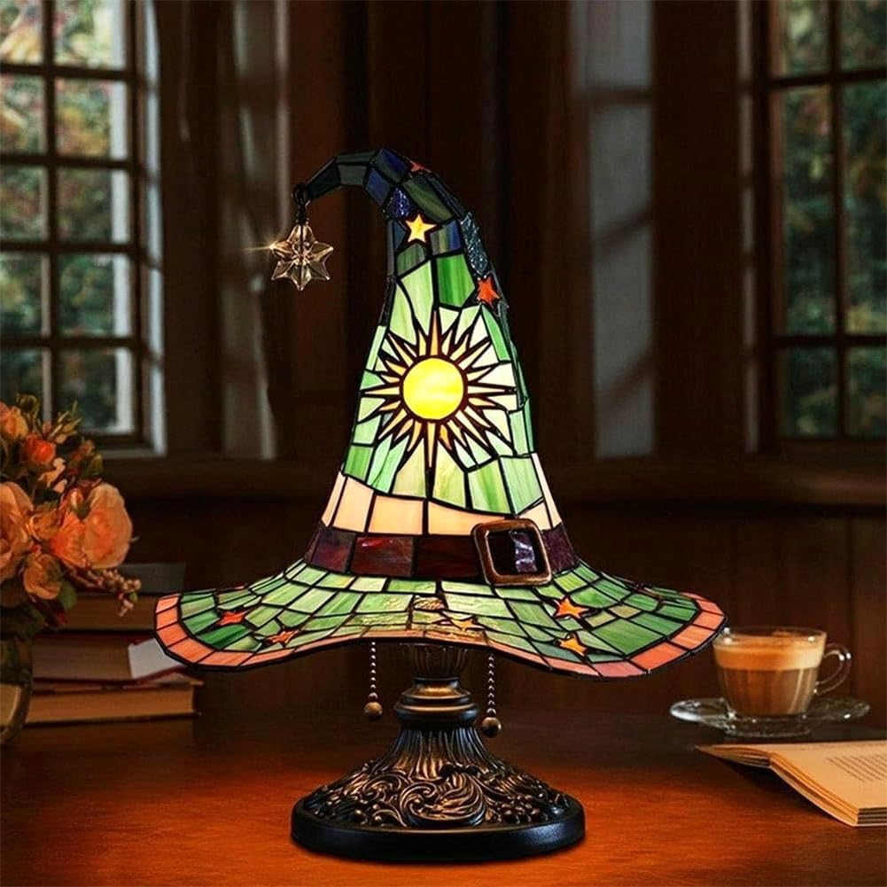 Loisdaro Witch Hat Lamps - Handcrafted Stained Glass Gothic Wizard Hat Lights for Decor, Mystical Bedroom Ambiance & Wiccan Gifts?Light with Glow-in-The-Dark Figurine for Bedroom (Green)