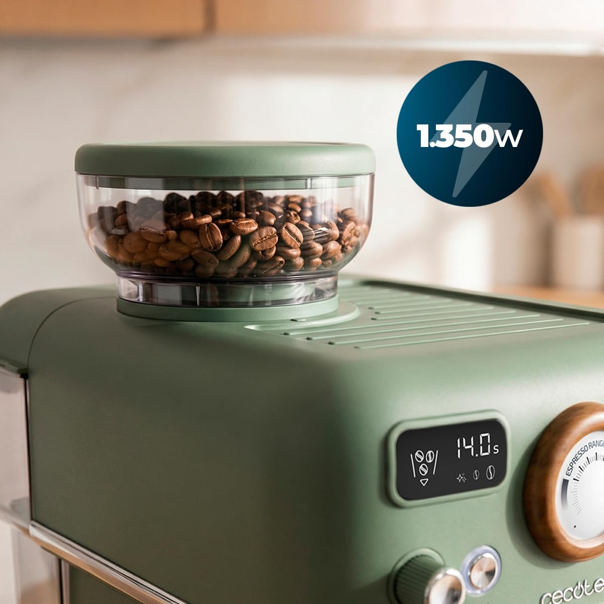 Cecotec Machine à Café Expresso Manuelle Power Espresso 20 Tradizionale Grind. 1500 W, Moulin 20 Niveaux, 20 Bars, PID, Thermoblock, Steamer, Cold Brew, Café Fraîchement Moulu avec Crème Parfaite