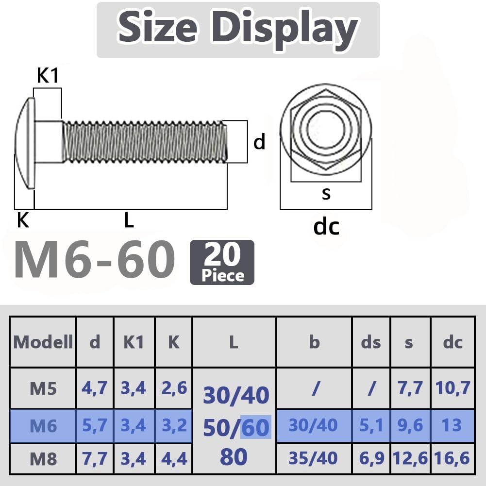SHUNCHG M6x60 mm Coach Bolts, Cup Square Carriage Bolt and Nut Pack of 20, M6 (6mm) X 60 mm,Full Thread Coach Bolts with Hexagon Nuts - Image 2