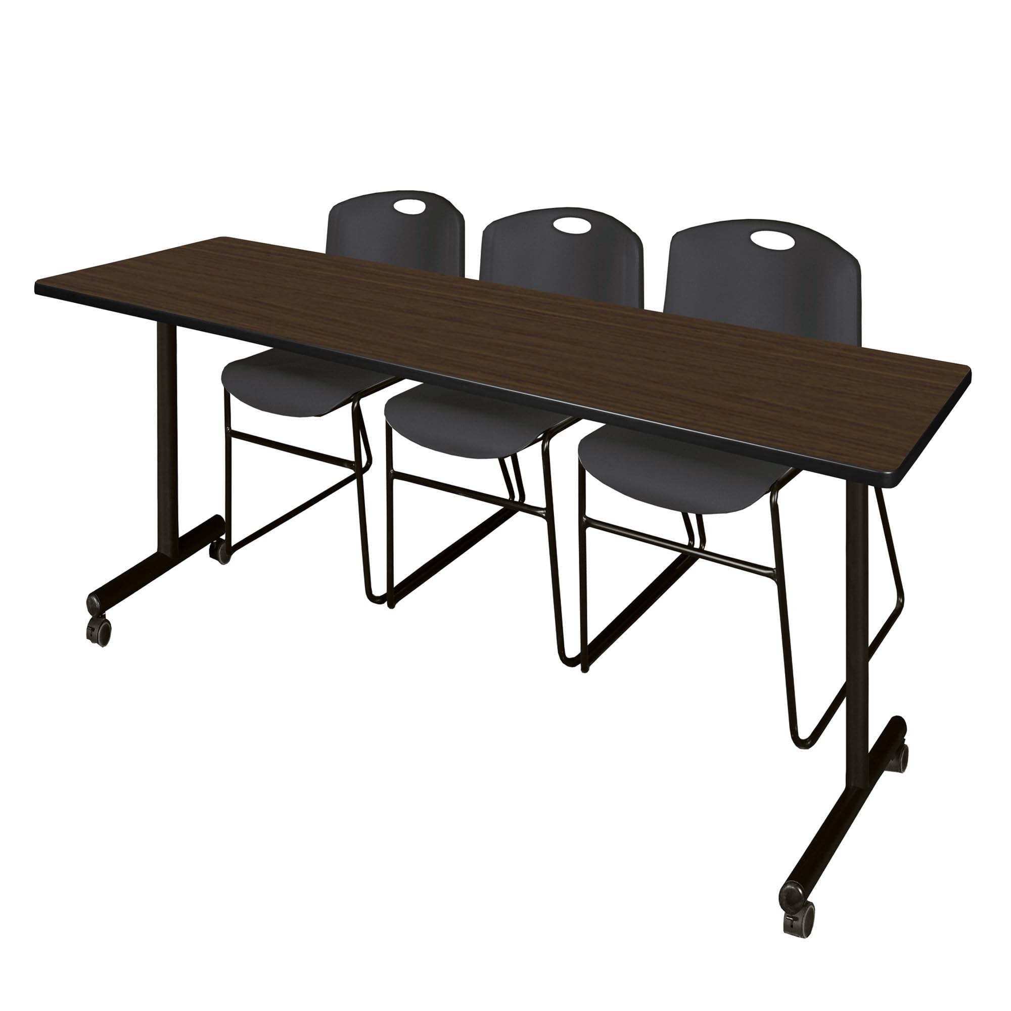 Regency Kobe 84 x 24 in. Mobile T-Base Training Table- Neo Walnut, 2 Zeng Stack Chairs- Black