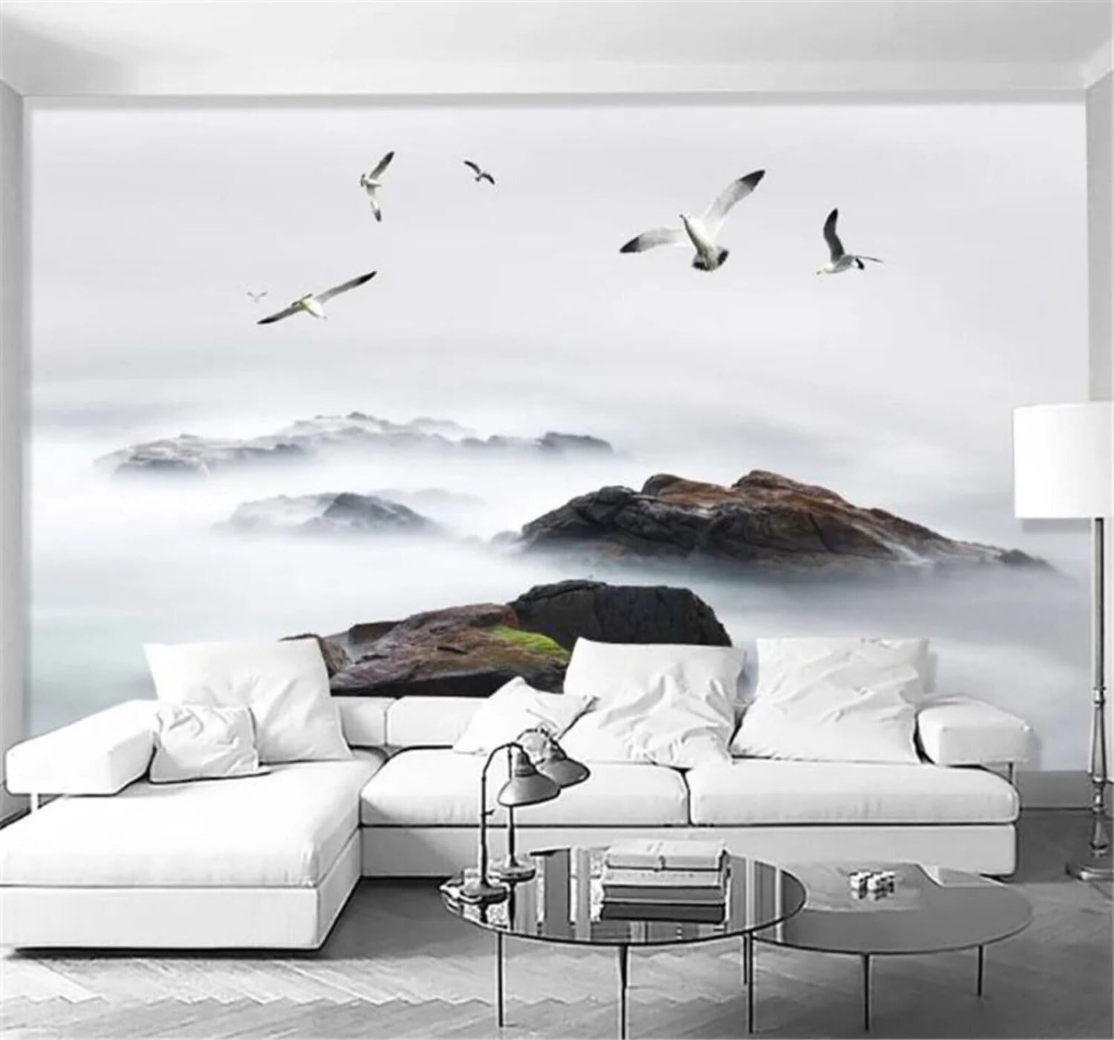 Tzxztt Minimalist Hand Drawn Coastal Birds Scenery Modern 3D Wallpaper Premium Textured Silk Neutral Tones Material Ideal for Living Room Bedroom-200cm×140cm
