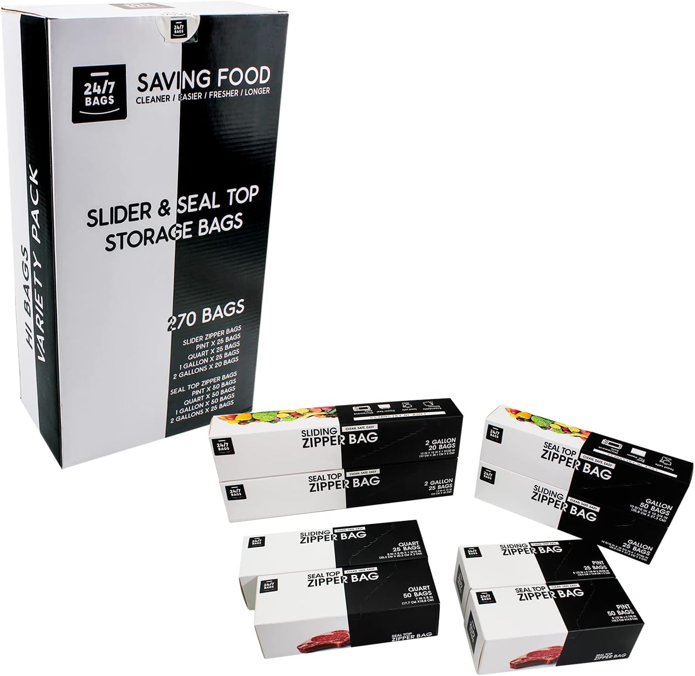Multi-Variety Pack Slider & Seal Top Zipper Food Storage Bags, 270 Count, Featuring 2 Gallon Size, Zero BPA & Microwave-Safe (8 Boxes, 8 Sizes)