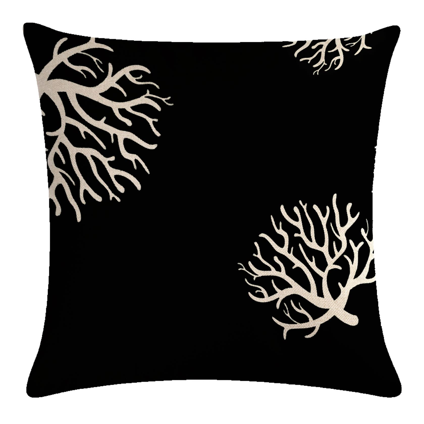 7COLORROOM Coastal Coral Pillow Covers Black Background Beach/Ocean Theme Coral Cushion Cover Sea Plant Nautical House Decorative Pillowcases 18x18 Inch for Sofa Couch Bed