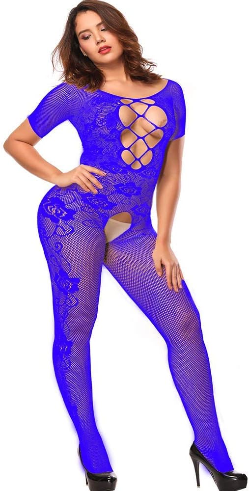 QueensHot Sheer Sleeved Corset Cross Back Rose Ploung Neck Body Stocking Catsuit Jumpsuit Babydoll Lingerie Women
