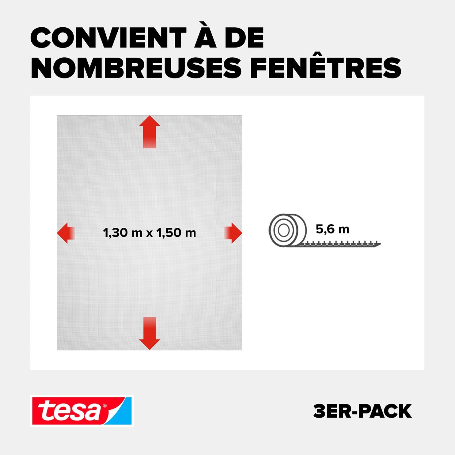 Tesa Insect Stop Auto-Agrippant STANDARD pour Fenêtres - Filet Anti-Moustiques Adhésif - Découpable à la Dimension Souhaitée - Anthracite, Lot de 3, 130 cm x 150 cm