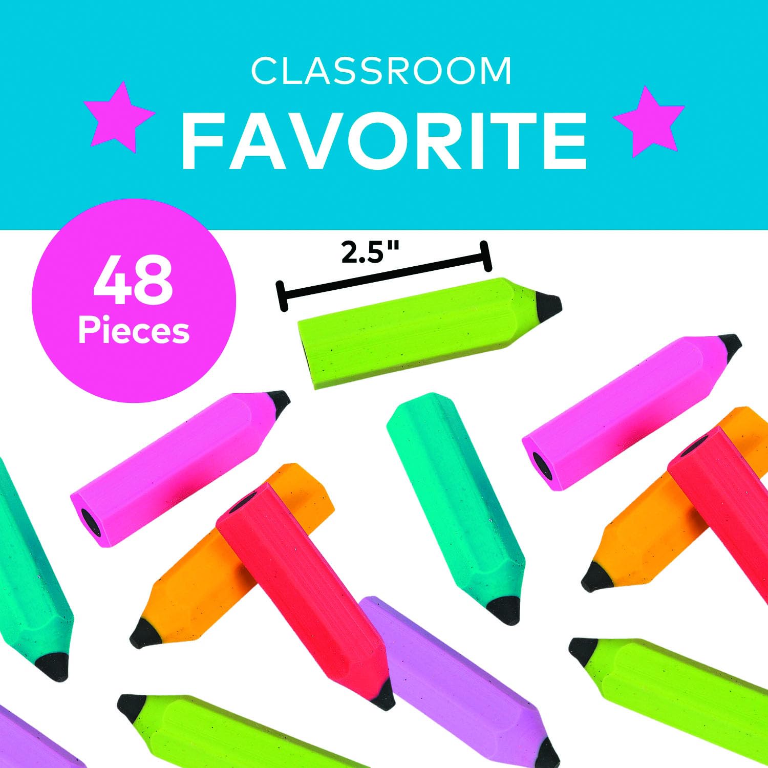 Lot de 48 gommes en forme de crayon, couleurs assorties, idéales pour coffre au trésor de classe