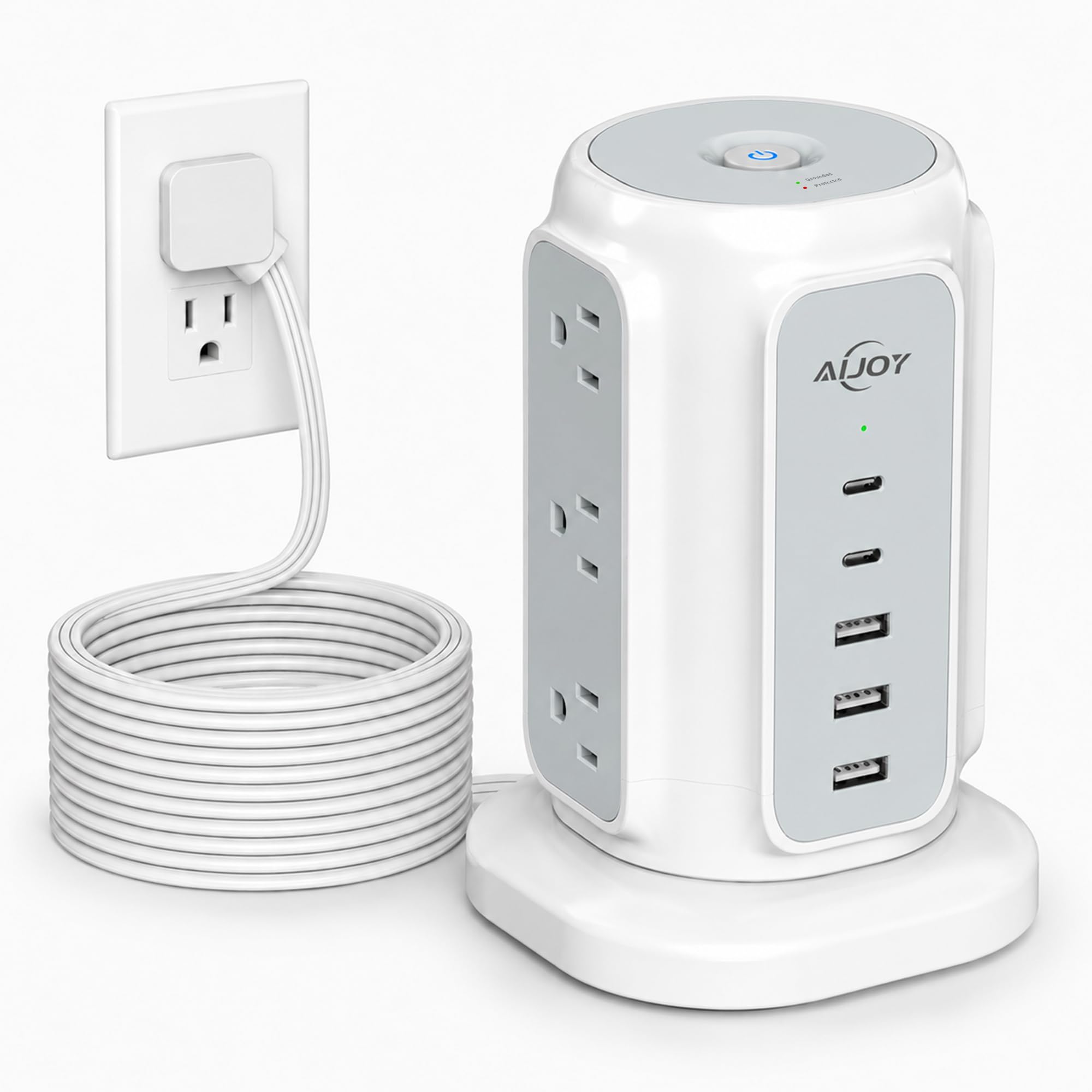 AiJoy 10FT Flat Plug Power Strip Tower with 9 AC Outlets and 5 USB Ports | 1200J Surge Protector Power Strip Outlet Extender Charging Station for Home, Office Supplies, Dorm Essentials White-10FT