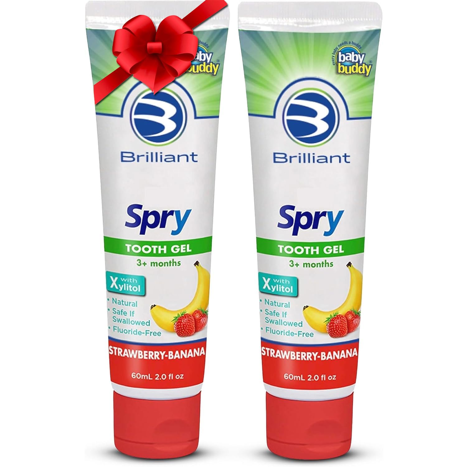 Oral Care Kids Fluoride Free Toothpaste, Spry Gel with Xylitol, Strawberry Banana Flavor for Ages 3+ Months, 2 fl oz, 2 Pack