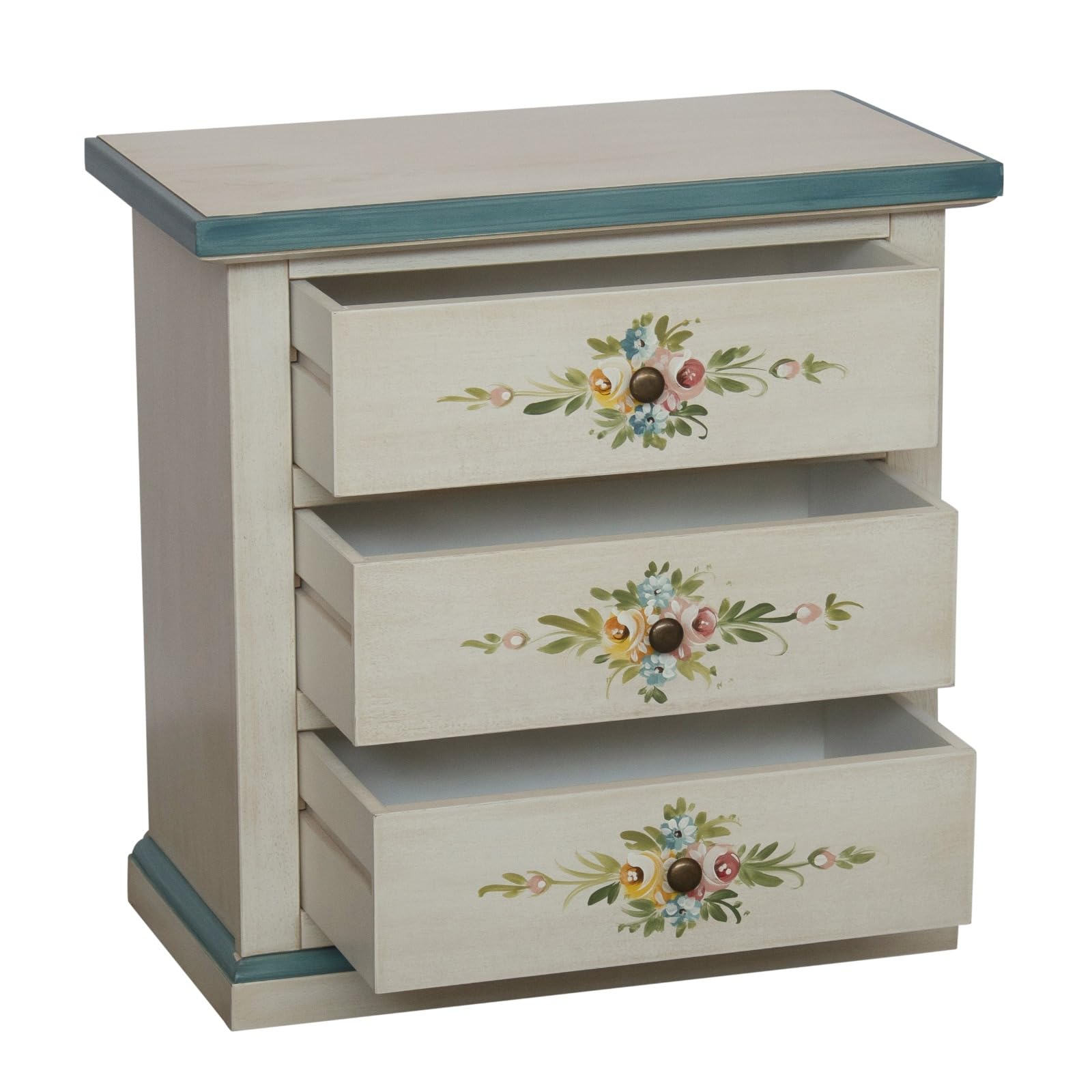 Vicentini arreda 2 COMODINI IN LEGNO SHABBY CHIC BIANCO ANTICATO DECORATO CON FIORE FILO BLU