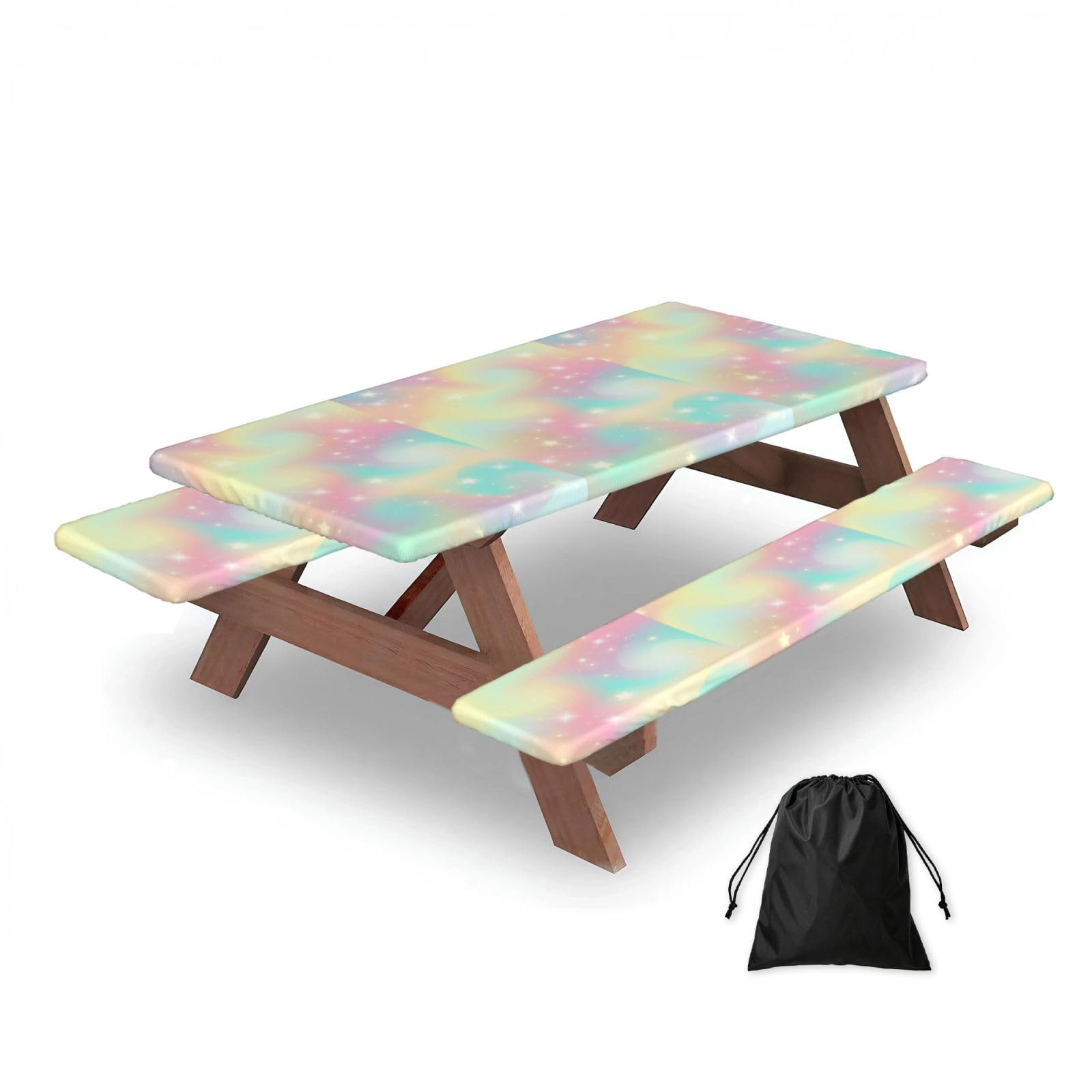 Dopklna As Picture Rainbow, Picnic Table Cover With Bench Covers -Waterproof Elastic Fitted Tablecloth For Garden Camping Patio 76X152cm