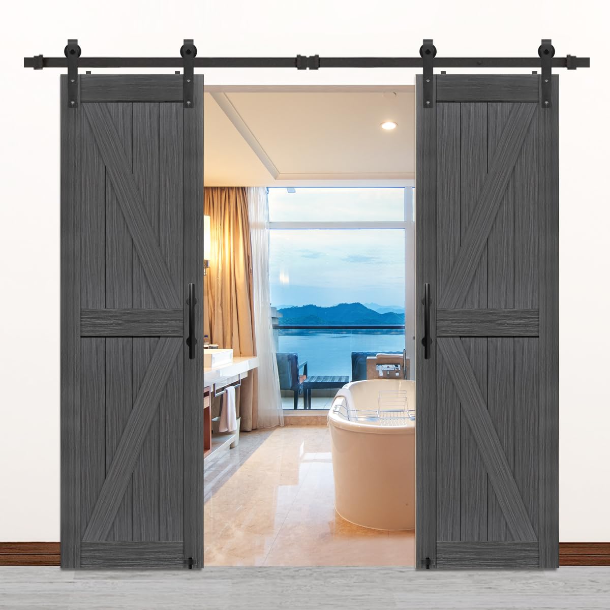 S&amp;Z TOPHAND® 24 in x 84 in Double MDF Deep Gray British Brace Barn Door with 8FT Sliding Door Hardware Kit/Simple Assembly is Required
