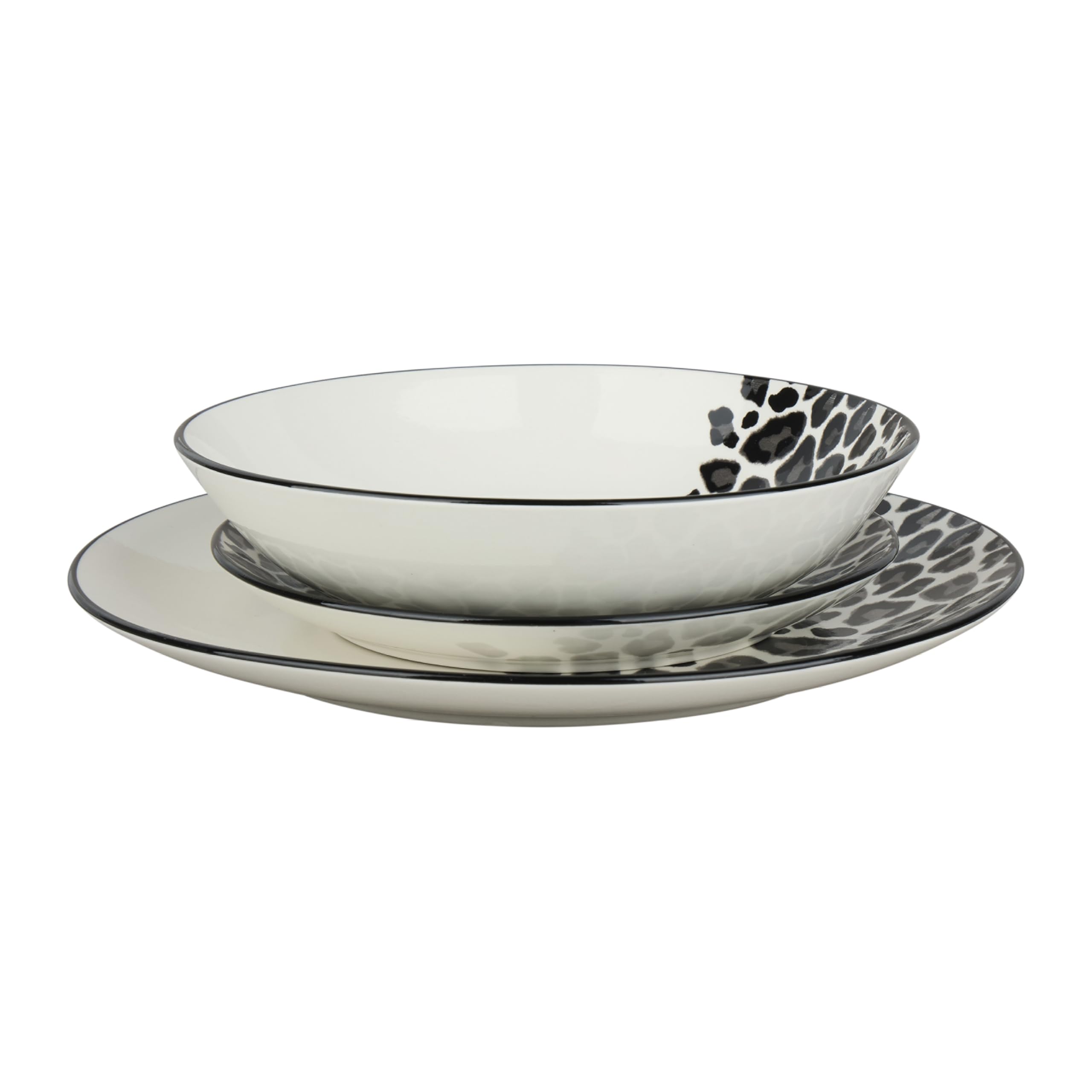 Delys 546151 Tafelservice aus Porzellan, 18-teilig, für 6 Personen, flache Teller, Suppenteller, Dessertteller, Farbe: Schwarz, Motiv Leopard