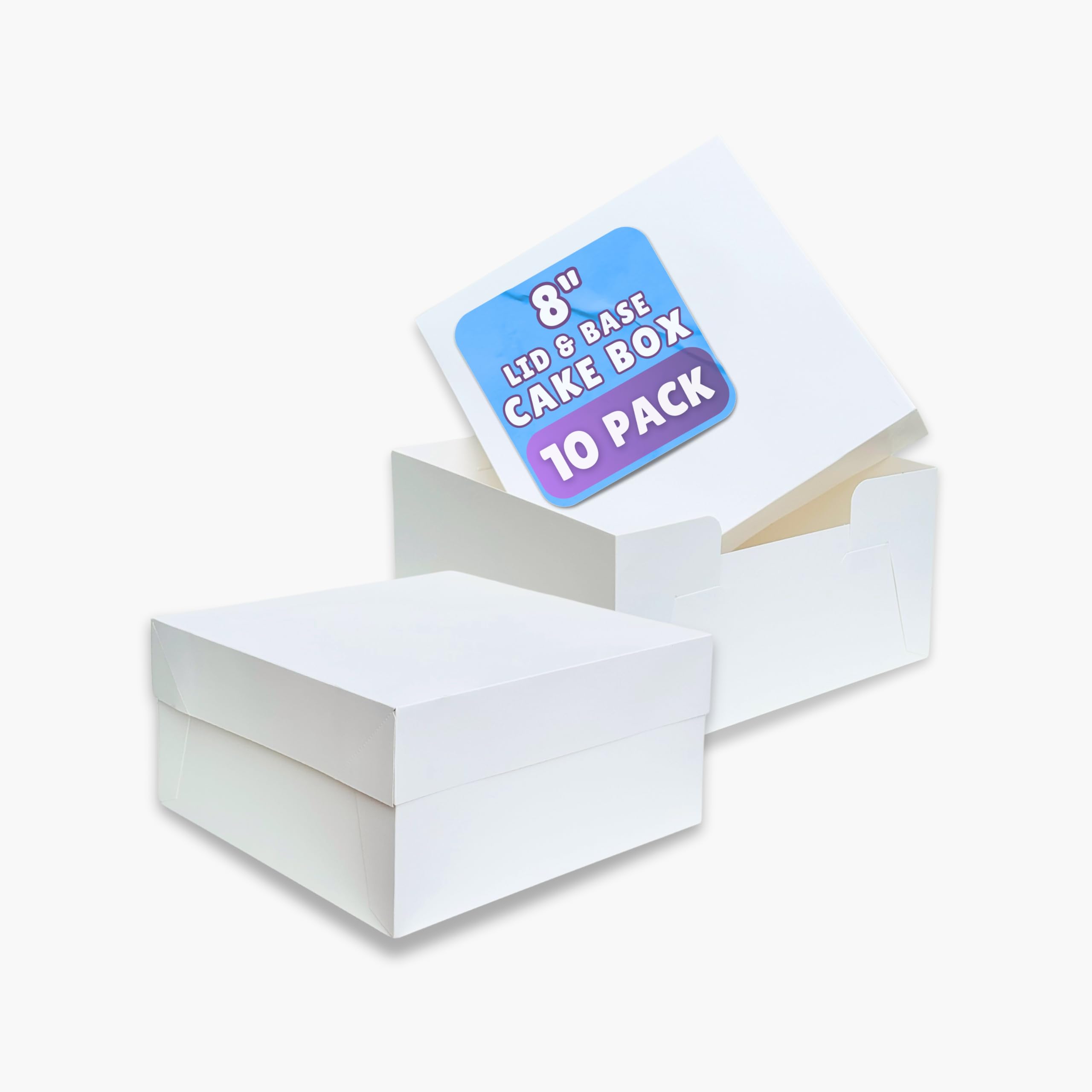 PACK N TRADE White 8 Inch Cake Box, Pack of 10 Square Cardboard Cake Boxes with Lids (8 x 8 x 5 Inches), Ideal for Safely Carrying and Transporting Cakes