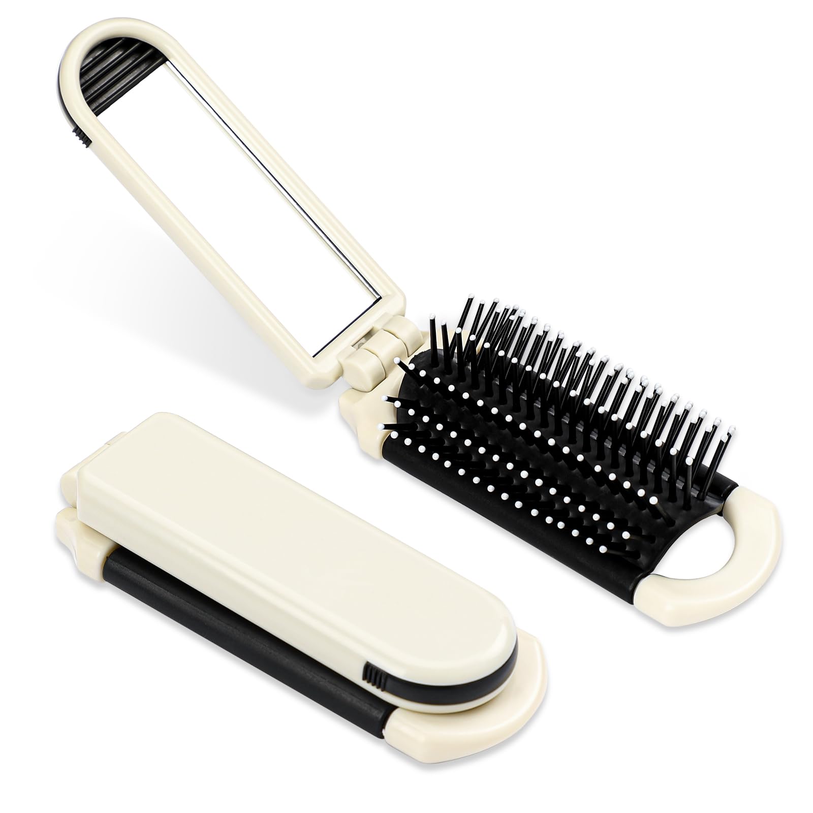 Mini cepillo plegable para el pelo de viaje, cepillo de viaje con espejo, cepillo de viaje, peine de masaje para el cabello, portátil, color crema, peine, peine, peine, para hombres, niñas, mujeres