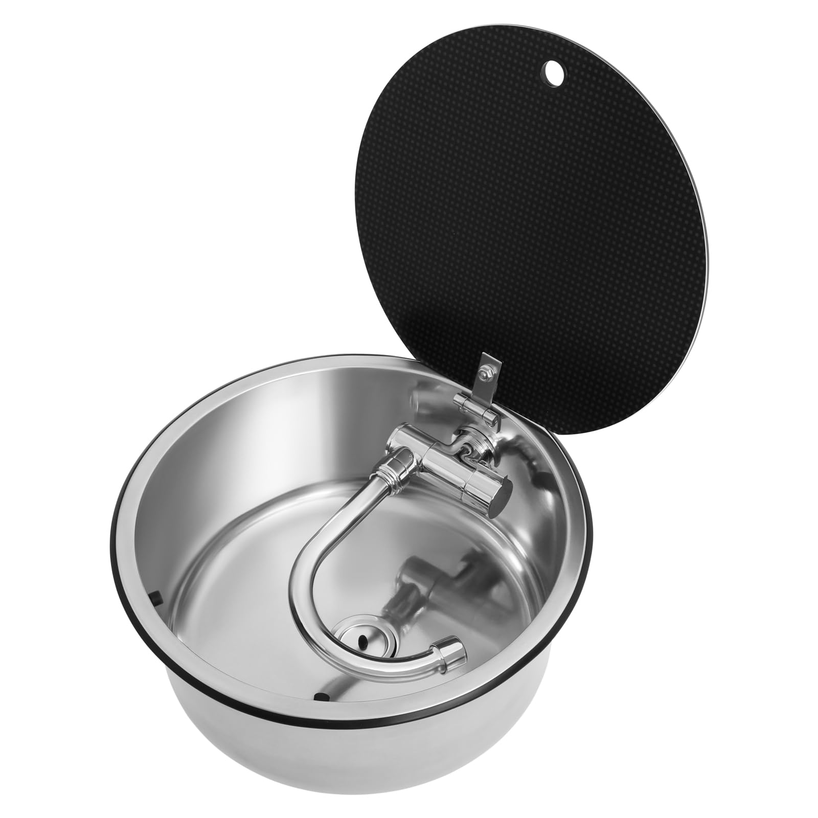 Kit di lavandino da campeggio, lavello da esterno, lavandino rotondo con rubinetto, per roulotte, roulotte Airstream, camper, roulotte Airstream, in acciaio inox, 34 x 15 cm