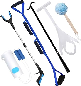 6-Piece Hip Kit, Hip Replacement Kit After Surgery Recovery, Hip Kit for Total Hip Replacement Prime for Seniors with Grabber Tool,Leg Lifter,Sock Aid,Sock Remover,Shoehorn&Dressing Stick,Bath Loofah