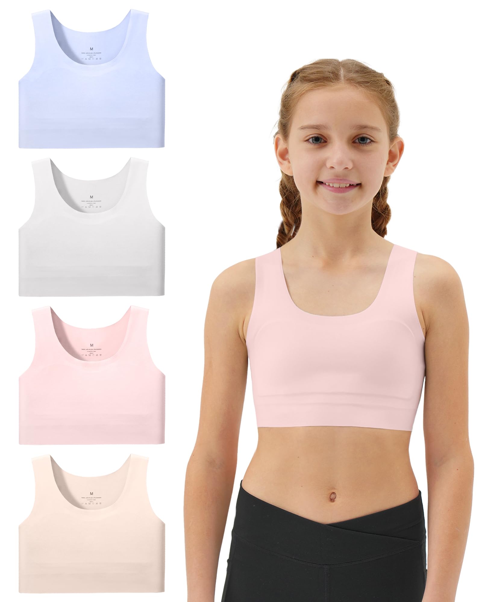 Girls Soft Training Bras 7-12 Seamless First Bra Girls Sports Bras Longline Crop - No Pads, Chest Double Lined
