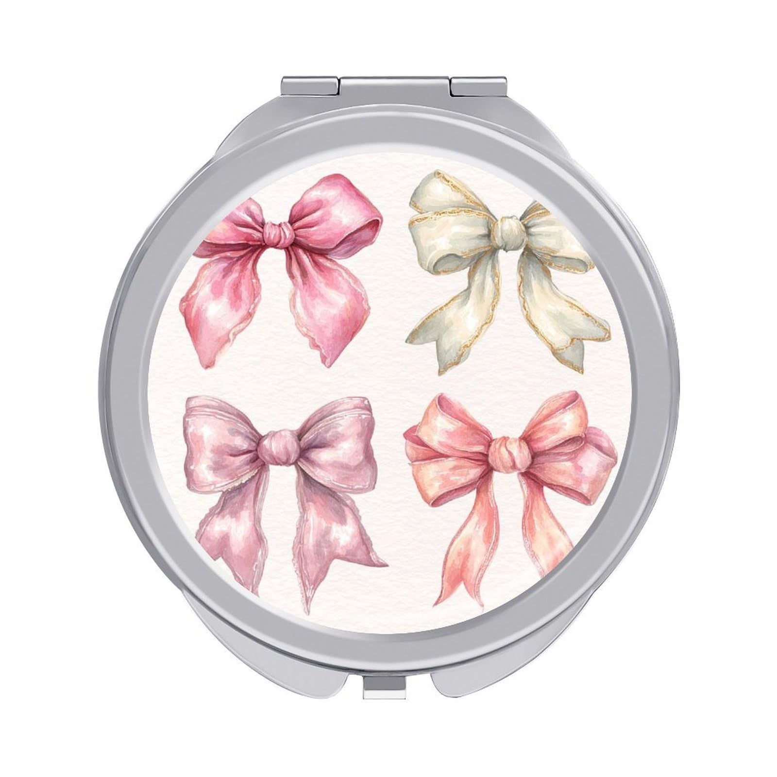 Jubonexis Luxury Coquette 4 Pink Bow Watercolor Women Pocket Mirrors, Girls Small Portable Travel Makeup Mini Mirror