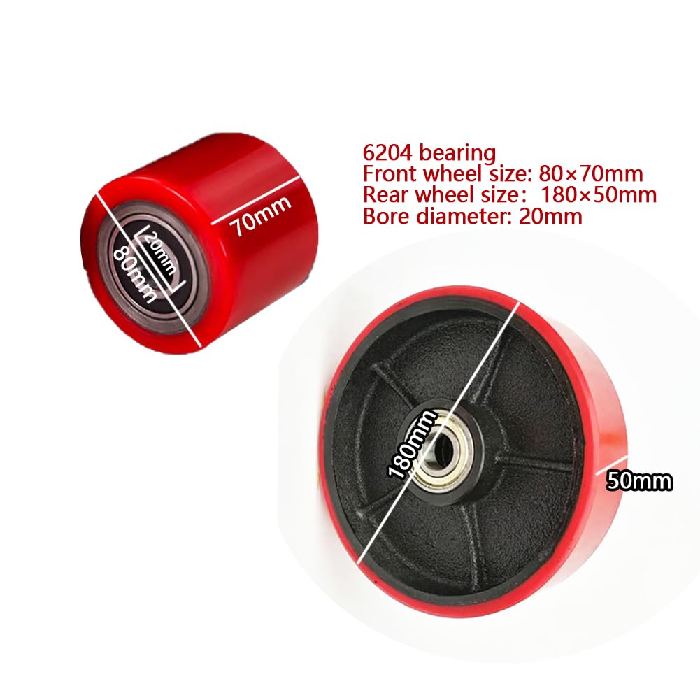 Hubwagen Räder Paletten Fixierer Rad Vollständiger Satz Rot PU mit Achsen 2 Lenkräder 180x 50mm, 4 Frontlastrollen 80x 70mm mit Lagern ID 20mm Palettenwagen-Rollen