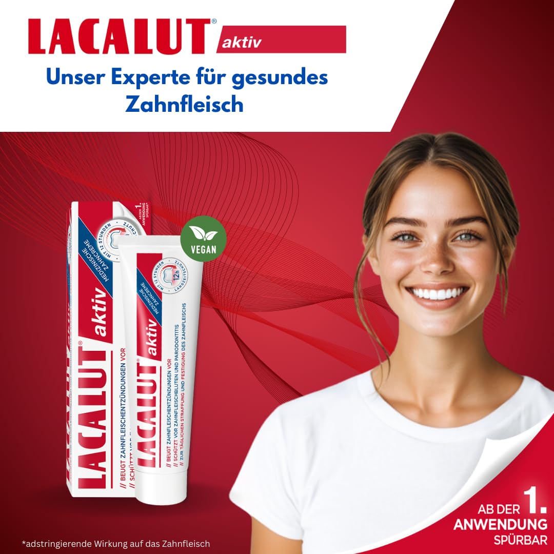 Lacalut Aktywny dwupak 2 x 75 ml, pasta do zębów, natychmiast odczuwalne ujędrnienie i utrwalenie dziąseł, skuteczna pielęgnacja zębów i pielęgnacja dziąseł