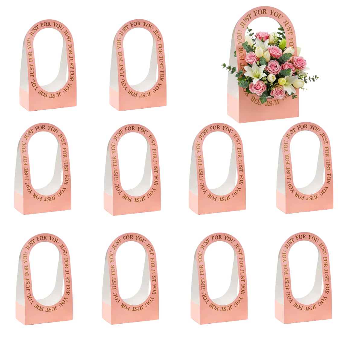 10Pcs Cardboard Flower Box with Handle Floral Gift Boxes with Handles Portable Bouquet Packaging for Florist (Pink)