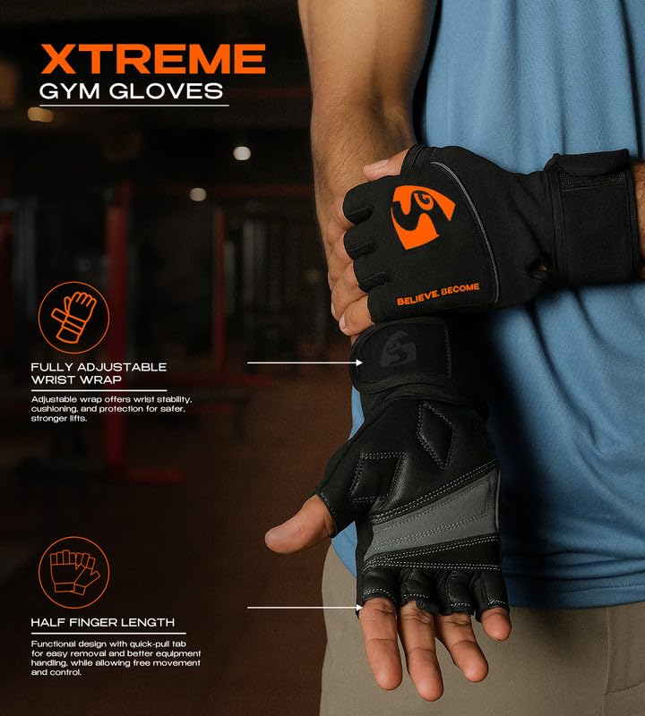 Image of SG Xtreme Gym Gloves for Men & Women | Premium Leather Palm, Half Finger Workout Gloves, Wrist Wrap, Soft Grip, Breathable & Durable | Weightlifting, Bodybuilding & Fitness