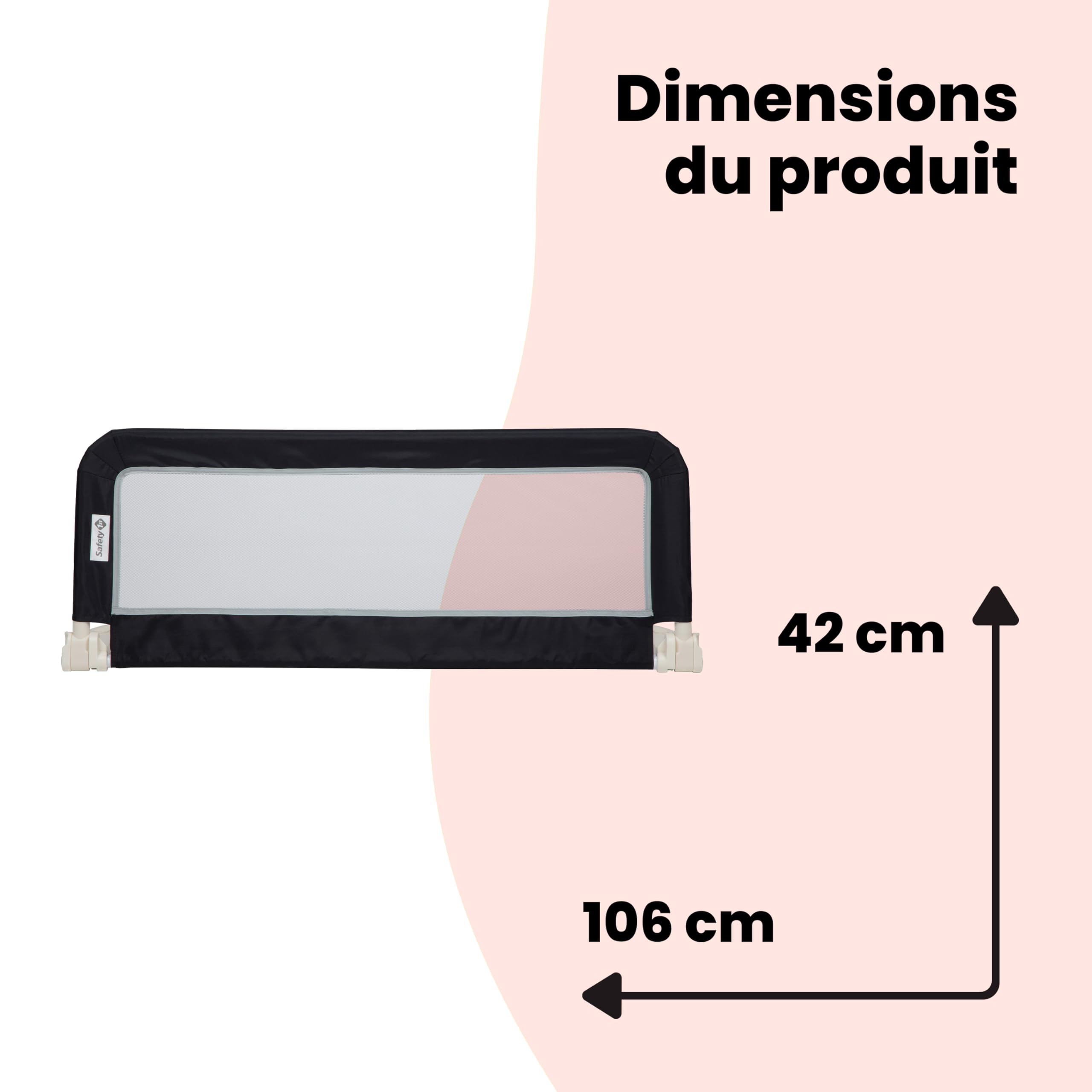 Safety 1st Portable Bed Rail, Barrière de lit enfant pliable, 18 mois-5 ans, Barrière de sécurité enfant lit, Tissu en maille, Facile à installer, Auto-verrouillage, Facile à transporter, Dark Grey