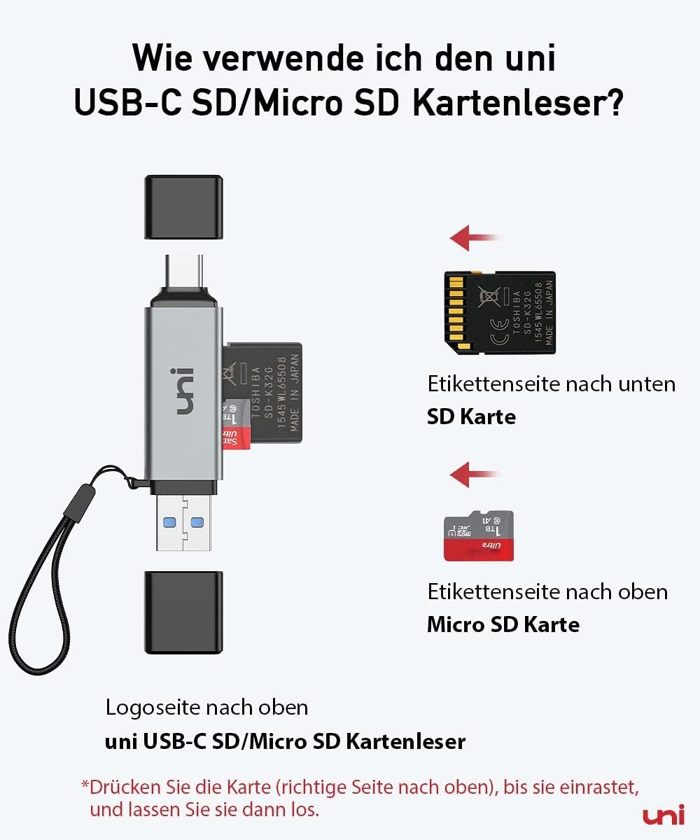 uni SD Kartenleser, Dual USB 3.0 USB C Stecker Kartenlesegerät, Aluminium OTG Adapter SD Card Reader Speicherkartenleser für SD/Micro SD/TF/SDHC/SDXC, iPhone 15-16/Android/Windows/macOS usw.