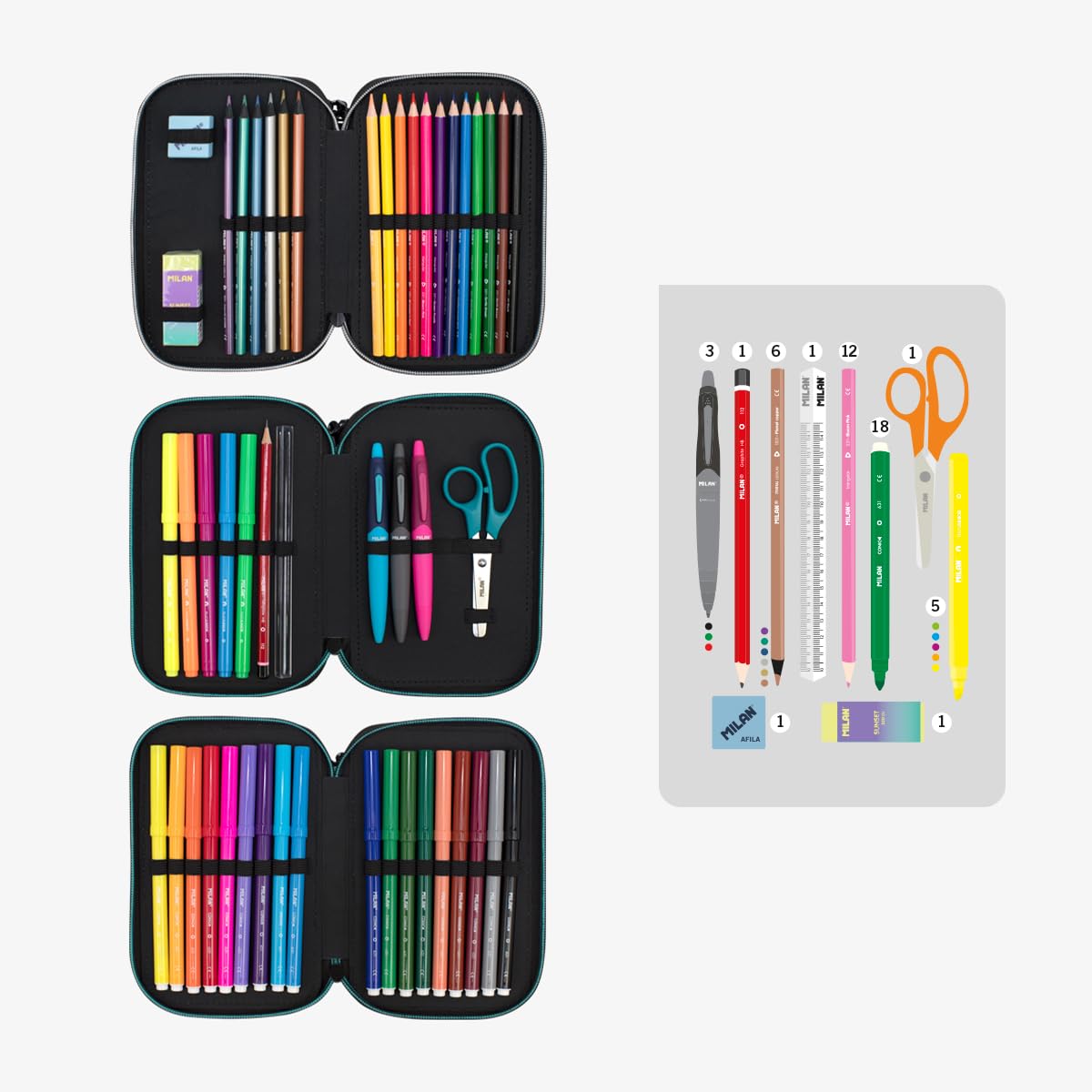 MILAN 3 Tier Pencil Case with Sunset Content, Green, Mediano - Image 3