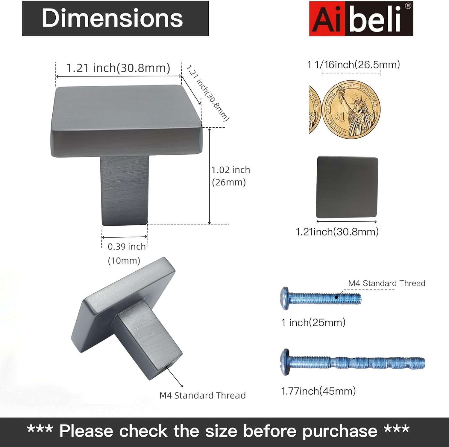 Kitchen Cabinet Knobs 30 Pack Ancient Grey Drawer Knobs 1-1/5 inch Solid Bathroom Cabinet Knobs Grey Cabinet Hardware Square Furniture Knobs for Dresser