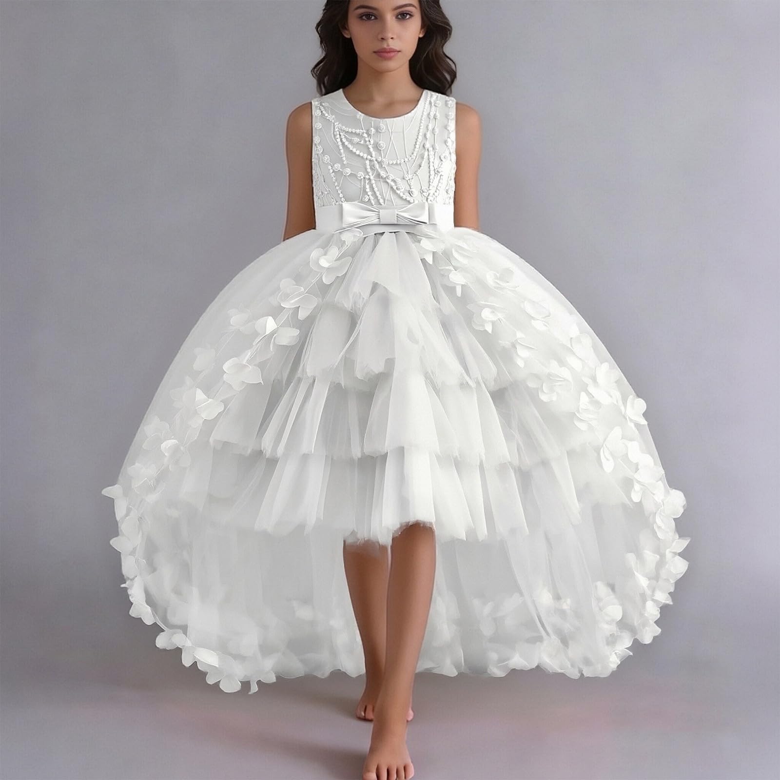 Vestito Elegante alla Moda per Ragazza Bambina Ricamato in Pizzo Abiti Neonata Principessa Tunica Prima Comunione Abito Tradizionale Costume Bambini, Adolescenti, Ragazze