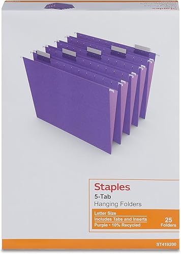 Vista 6 de Staples Carpetas colgantes para archivos, tamaño carta, morado, pestañas de corte 15, resistentes al desgarro, incluye pestañas e insertos, 25