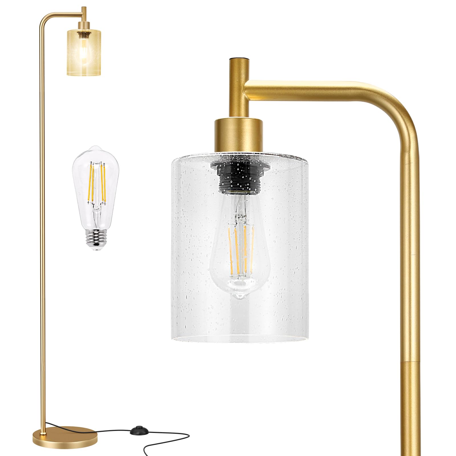 Floor Lamps for Living Room - Standing Lamp with Seeded Glass Shade, Modern Gold Floor Lamp with LED Bulbs, Bright Industrial Floor Lamp for Bedroom, Tall Lamp for Office - Gold