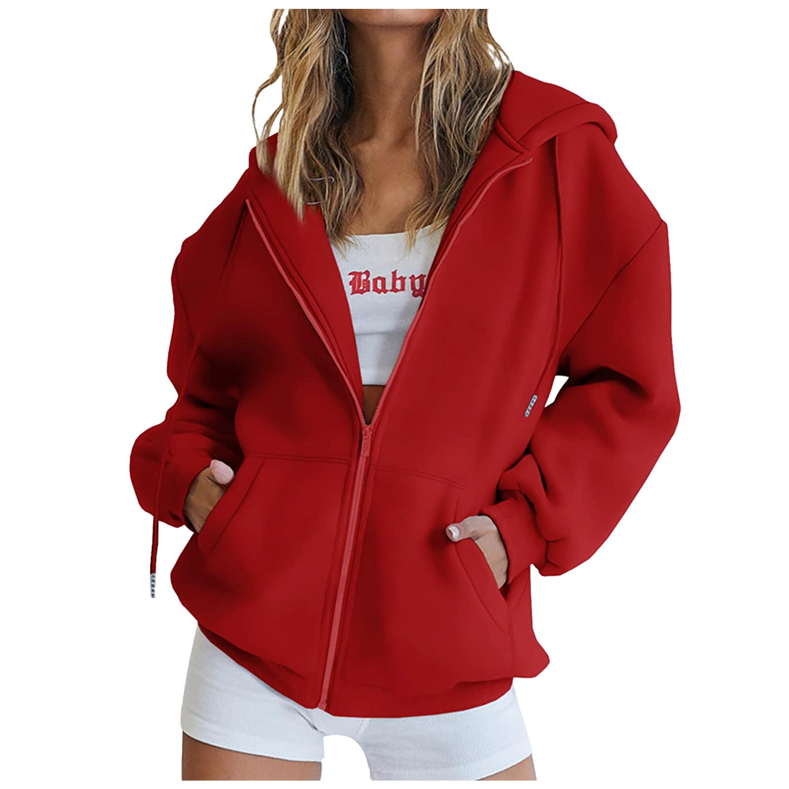 Womens Zip Up Hoodies Long Sleeve Sweatshirts Fall Active Solid Outfits Oversized Sweaters Casual Fashion Jackets