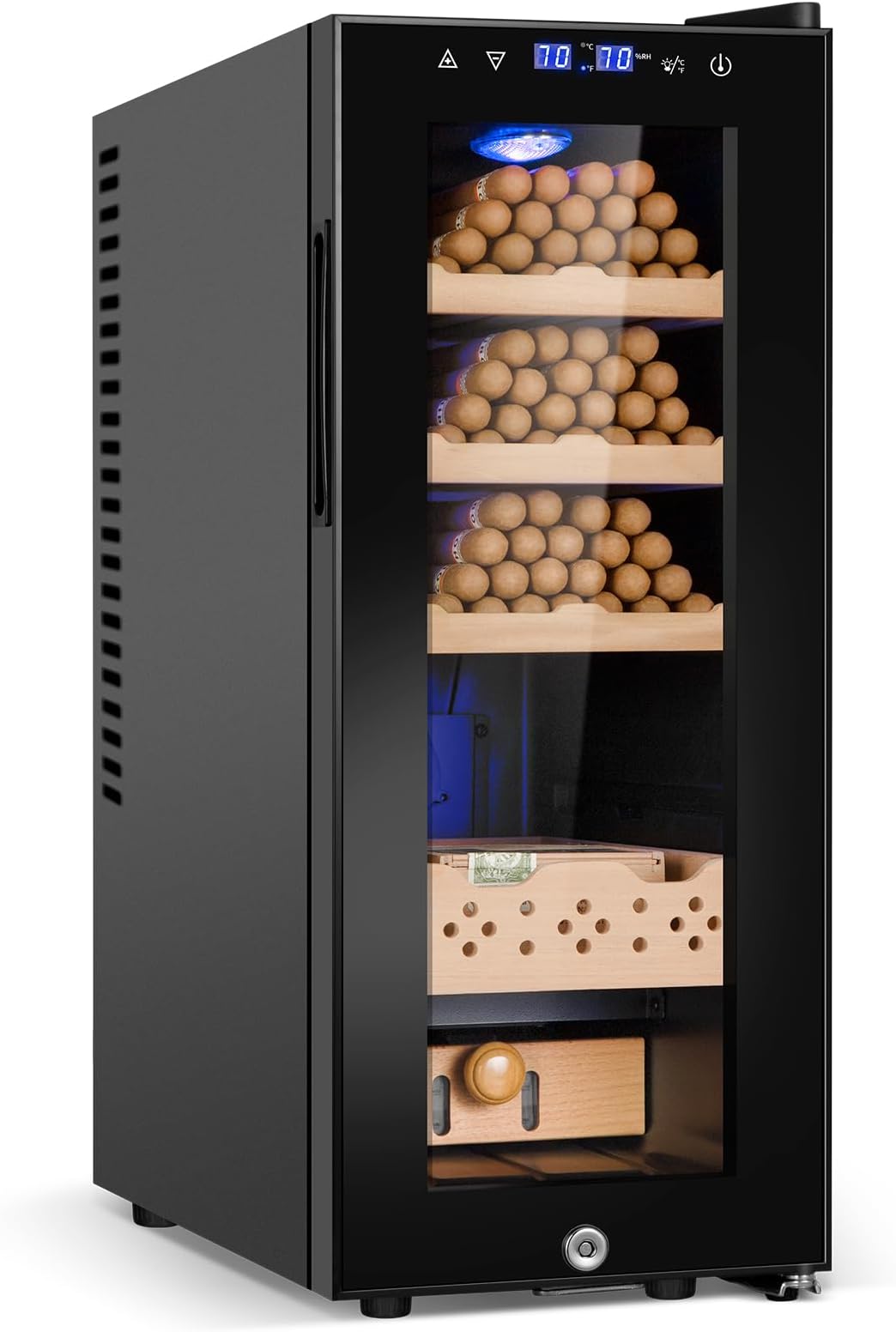 Electric Cooler Cabinet 35L with Temperature and Humidity Control, Spanish Cedar Wood Shelves and Safety Lock (300 Counts Capacity), Gift for Men