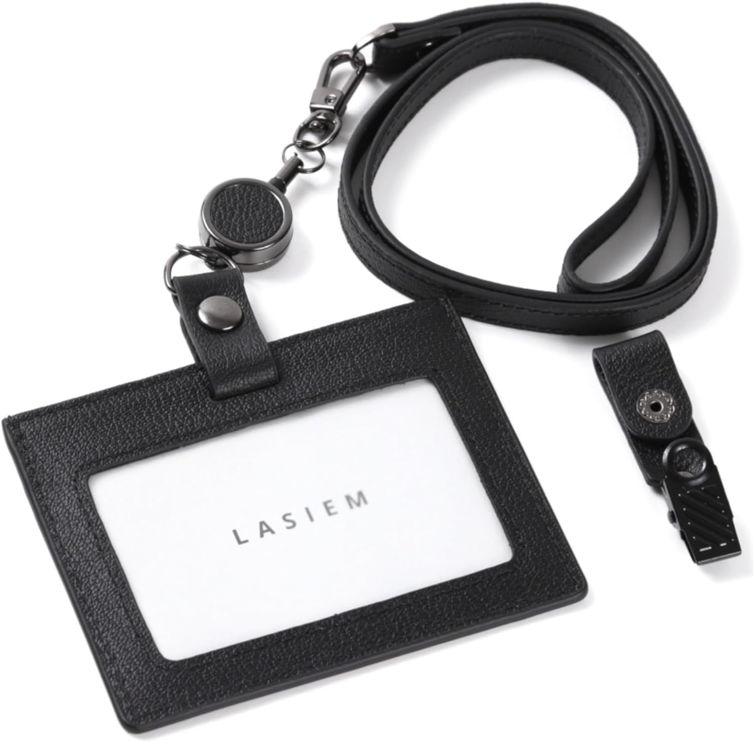 LASIEM［ラシエム］ IDカードホルダー パスケース メンズ 本革 レザー リール付き 定期入れ ネームホルダー ネックストラップ （ブラック）