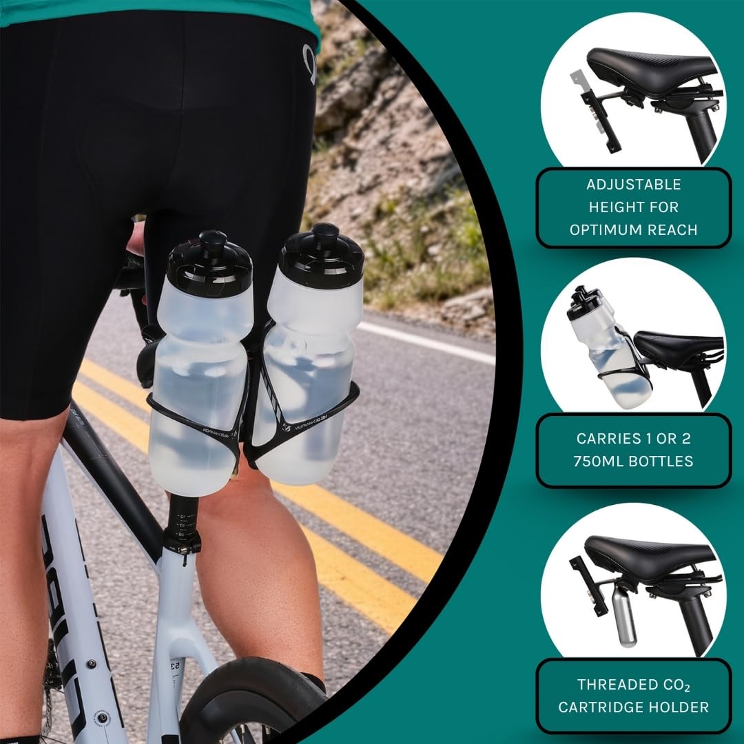 VeloChampion Porte-bidon universel pour vélo | Support d’hydratation arrière triathlon, cyclisme route | 1 ou 2 bidons jusqu’à 750ml et CO2 | Compatible rails de selle 50–80 mm (Supérieure, Aluminium)
