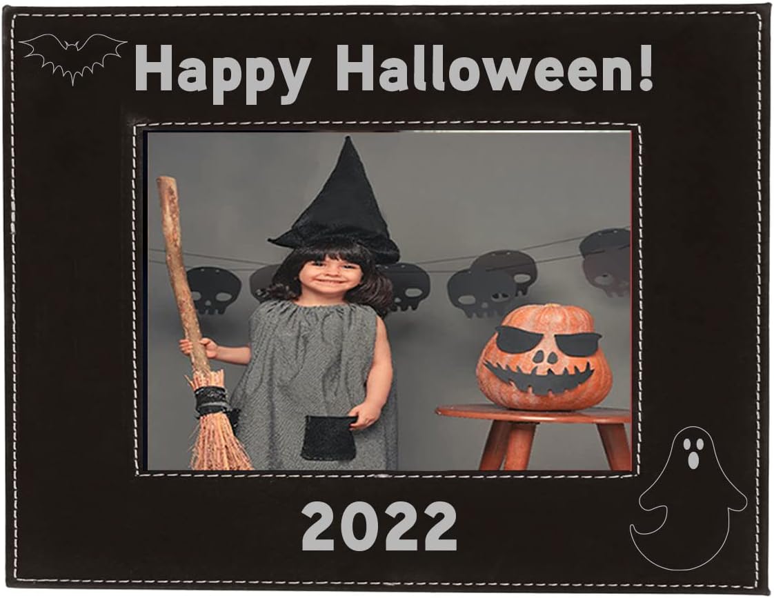 CustomGiftsNow Happy Halloween! - 2022-2023 - 2024 Laser Engraved Faux Leather Leatherette Wall Hanging/Tabletop Black 8x10 Halloween Picture Group Family Christmas Horizontal Landscape Photo Frame
