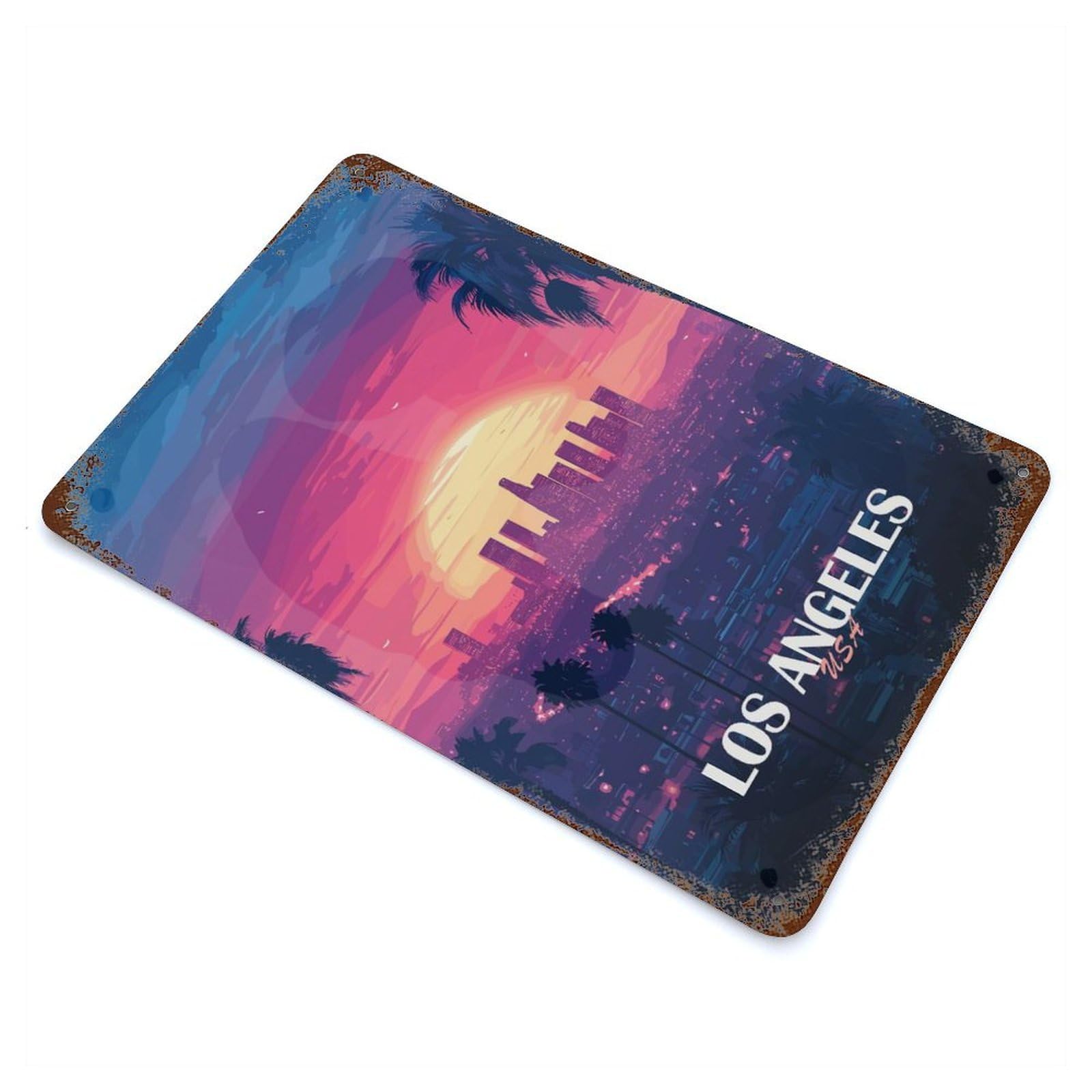 Los Angeles Sunset Skyline Illustration 11.8"x7.9" Aged Metal Wall Plaque, Novelty Wall Decor for Garage, Bar And Workshop Decor