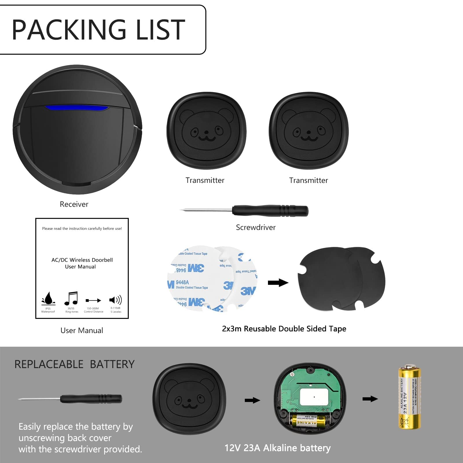 Wireless Dog Doorbell, Ring Bell to Go Outside, IP55 Waterproof Buttons, 55 Melodies, 4 Volume Levels and 950ft Range (Black, 2 Transmitters, 1 Reciever)