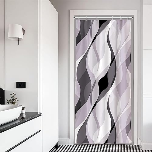 Miniatura 64 de Cortina de ducha gris, juego de cortina de ducha moderna abstracta a rayas negras y grises para baño, cortina de ducha impermeable blanca y gris