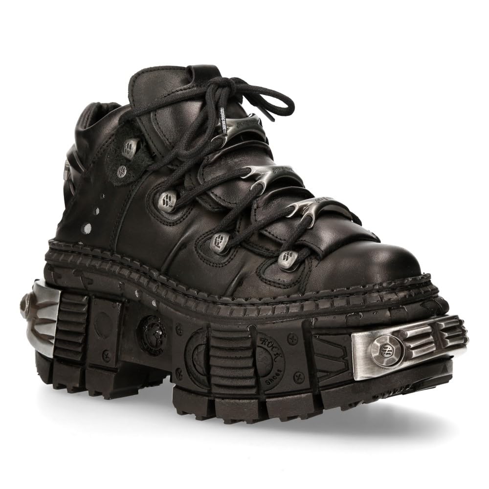 New Rock Stivali Unisex Suola TANK con lacci Colore Nero Pelle/Unisex Black Boots Leather Shoelaces M.WALL106-S10