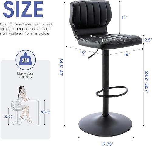 Miniatura 3 de Brage Living Juego de 2 taburetes de bar ajustables, modernos taburetes de bar giratorios de piel sintética con respaldo, sillas de barra de altura